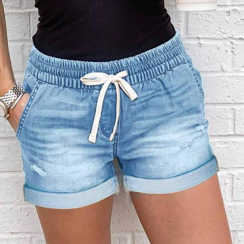 Denim Shorts Women's Summer Clothes Ripped Jeans Elastic Lace Elastic Sexy Mid Waist Washed Holes Blue Denim Shorts Women шорты