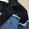 Denim Spliced Blazer Jacket Women Single Breasted Lapel Black Suit Jacket Asymmetry Patchwork Loose Blazers Coat Female