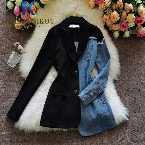 Denim Spliced Blazer Jacket Women Single Breasted Lapel Black Suit Jacket Asymmetry Patchwork Loose Blazers Coat Female