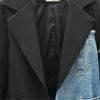 Denim Spliced Women Blazer Jacket  Single Button Black Suit Jacket Loose Asymmetry Lady Blazer Coat 2023 New