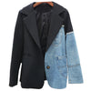 Denim Spliced Women Blazer Jacket  Single Button Black Suit Jacket Loose Asymmetry Lady Blazer Coat 2023 New