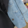 Denim Spliced Women Blazer Jacket  Single Button Black Suit Jacket Loose Asymmetry Lady Blazer Coat 2023 New
