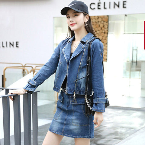 Denim Suit Female Spring and Autumn 2022 Korean Slim Jeans Blazer Jacket and Skirt Set Women Two-piece Step Skirt K528