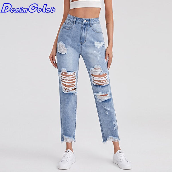 DenimColab 2022 Hole Straight Jeans Pants Women Cotton Cowboy High Waist Ripped Jeans Ladies Casual Office Jeans Trouser