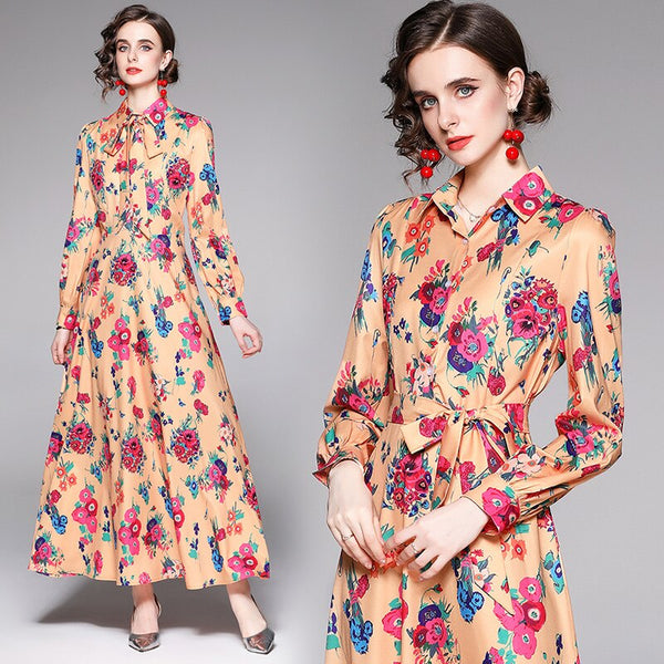 Design Floral Printed Big Shirt Dress 2023 Long Sleeve Spring/Autumn Turn-down Collar  Party Maxi Dress French Dress Women