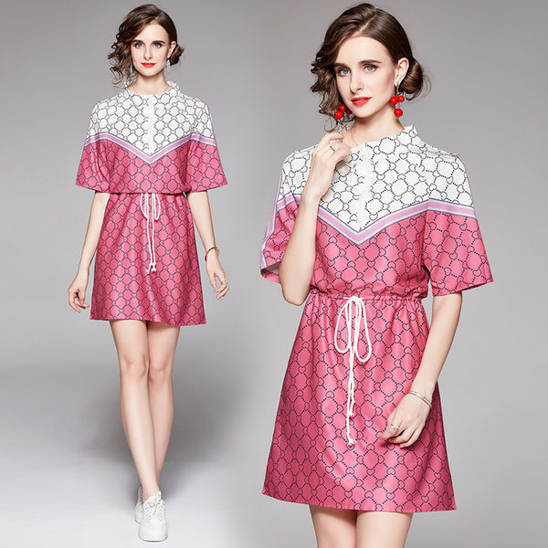 Design Love Floral Printed Summer Dress Drawstring Zipper Ins Casual Women Short Sleeve Pink Patchwork Party Mini Dress