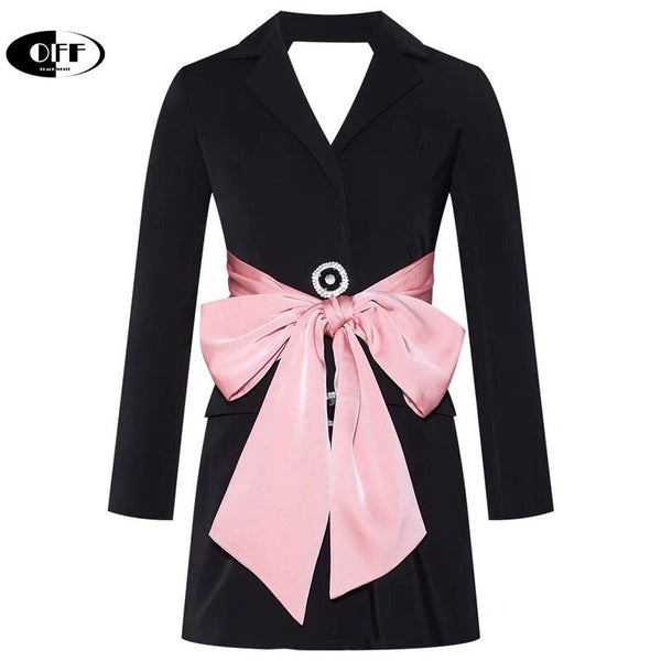 Design Runway Casual Women Autumn Spring Coat Notched Long Sleeve Patchwork Slim Pink Bow Bandage Office Work Club Blazers Traf