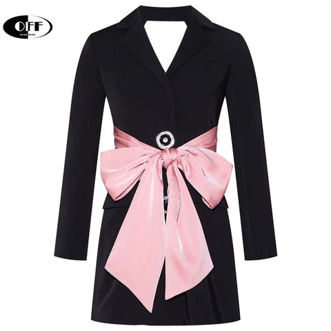 Design Runway Casual Women Autumn Spring Coat Notched Long Sleeve Patchwork Slim Pink Bow Bandage Office Work Club Blazers Traf