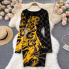 Design Tiger Jacquard Knitted Dress Women Long Sleeve O Neck Slim Pencil Dresses Autumn Winter Bodycon Sweater Dress