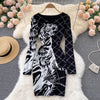 Design Tiger Jacquard Knitted Dress Women Long Sleeve O Neck Slim Pencil Dresses Autumn Winter Bodycon Sweater Dress