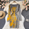 Design Tiger Jacquard Knitted Dress Women Long Sleeve O Neck Slim Pencil Dresses Autumn Winter Bodycon Sweater Dress