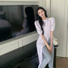 Design Twist Split T-shirt Dress Women's Summer  Retro Crew Neck Simple All-Match Puff Sleeve Dress