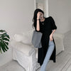 Design Twist Split T-shirt Dress Women's Summer  Retro Crew Neck Simple All-Match Puff Sleeve Dress