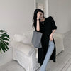 Design Twist Split T-shirt Dress Women's Summer  Retro Crew Neck Simple All-Match Puff Sleeve Dress