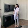 Design Twist Split T-shirt Dress Women's Summer  Retro Crew Neck Simple All-Match Puff Sleeve Dress