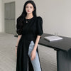 Design Twist Split T-shirt Dress Women's Summer  Retro Crew Neck Simple All-Match Puff Sleeve Dress