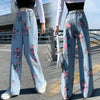 Design sense rose jeans 2022 autumn high-waist wide-leg pants straight trousers women's clothing