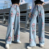 Design sense rose jeans 2022 autumn high-waist wide-leg pants straight trousers women's clothing