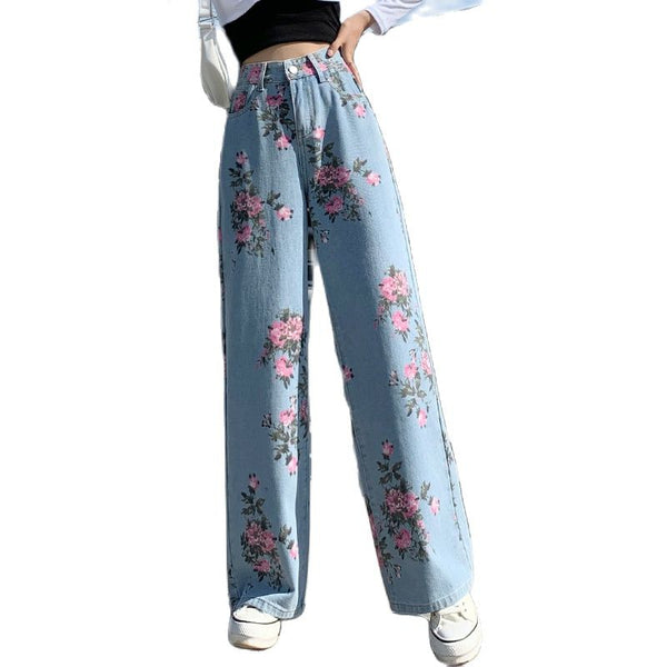 Design sense rose jeans 2022 autumn high-waist wide-leg pants straight trousers women's clothing