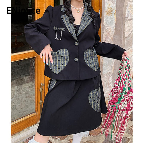 Designer Brand Green Heart Pockets Decoration Single Breasted Blazer and Skirt Two Pieces Set Office Lady Outfits Suits Autumn