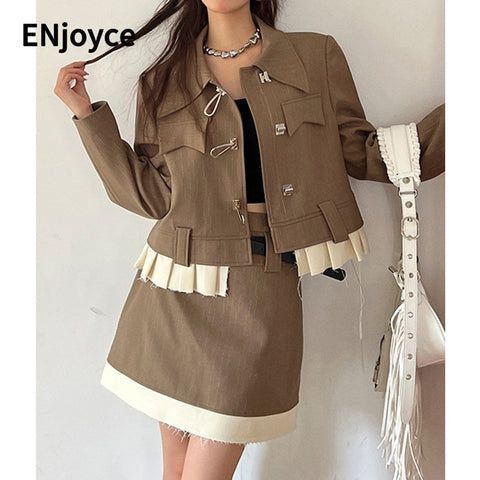 Designer Brand Women Vintage Coffee Metal Buckles Single Breasted Blazer and Skirt Two Pieces Suit Set Office Lady Outfits Fall