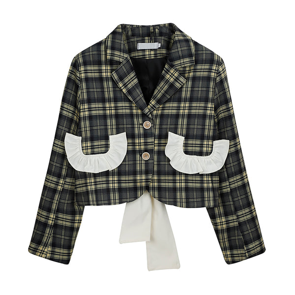 Designer Patchwork Bowknot Plaid Cropped Jacket For Women 2023 Autumn Clothes Kawaii Ruffle Bow Tie Korean Coats Jackets