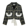 Designer Patchwork Bowknot Plaid Cropped Jacket For Women 2023 Autumn Clothes Kawaii Ruffle Bow Tie Korean Coats Jackets