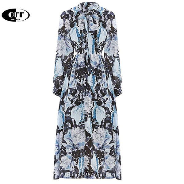 Designer Runway Beach Chic Midi Dresses For Women Autumn Bow Long Sleeve Plus Size Aesthetic Printed Lady Party Dress Vestidos