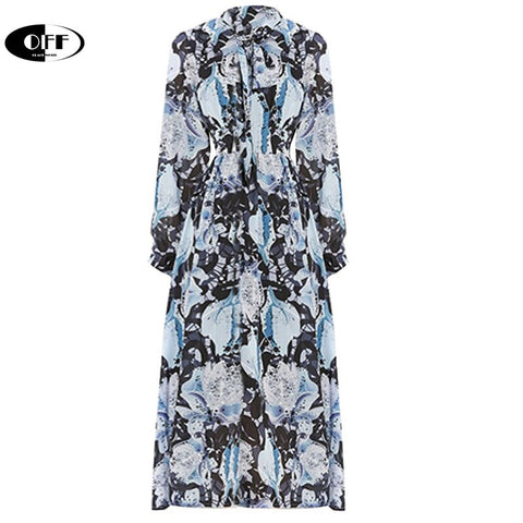 Designer Runway Beach Chic Midi Dresses For Women Autumn Bow Long Sleeve Plus Size Aesthetic Printed Lady Party Dress Vestidos