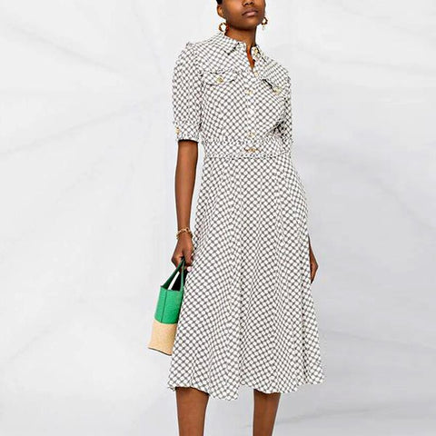 Designer Summer  Women's High Quality Vintage Chic Elegant Party Casual  Printed Short Sleeved Midi Shirt Dress