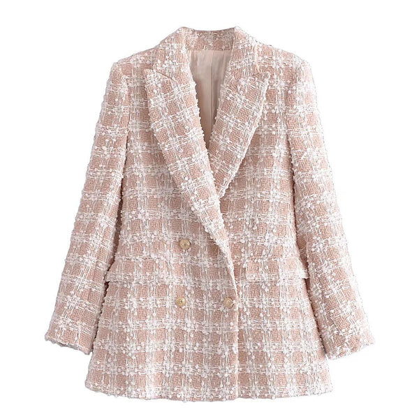 DiYiG WOMAN 2023 Autumn British style women's clothing elegant pink woolen double-breasted suit jacket
