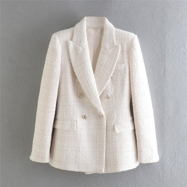DiYiG WOMAN 2023 Spring Textured Double Breasted Blazer Retro Lapel Long Sleeve Pocket Outerwear Ladies Chic Top