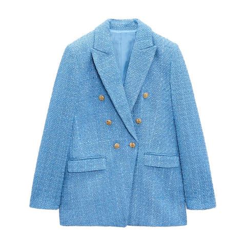 DiYiG Women 2023 Breasted Textured Blazer Retro Casual Flap Pocket Long Sleeve Female Outerwear Chic Top Mujer