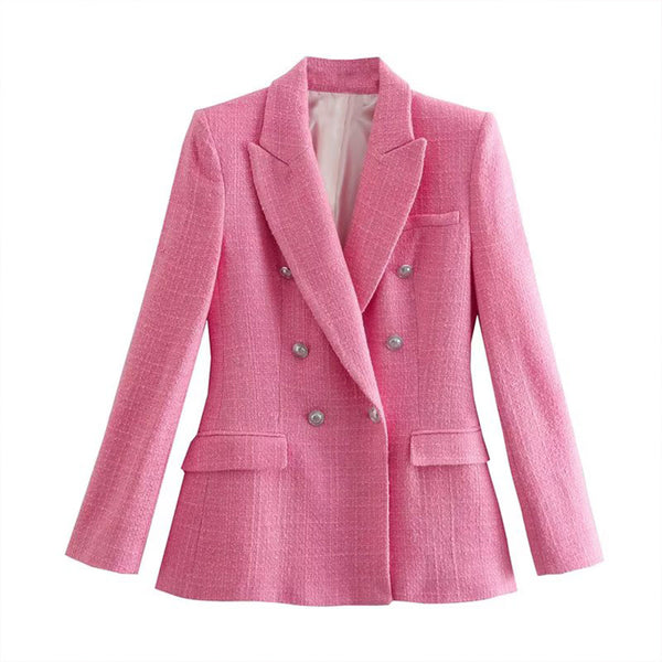 DiYiG Women's 2023 Textured Double Breasted Blazer Retro Lapel Long Sleeve Pocket Female Outerwear Chic Top Mujer