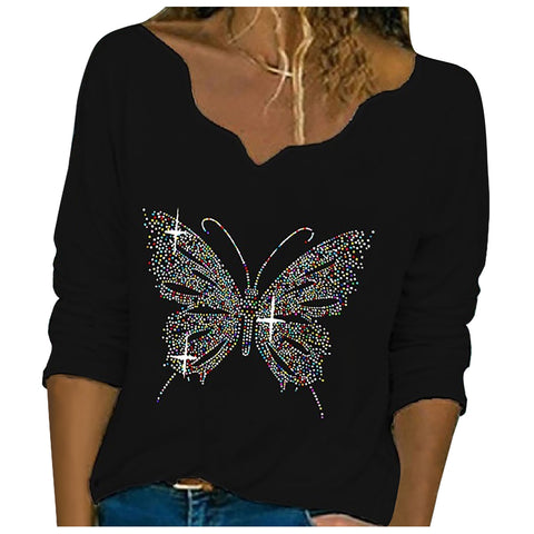 Diamond Embroidery shirt tops plus size butterfly tunic v-neck Long Sleeve casual Blouses women clothing рубашка женская