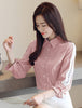 2022 Autumn New Striped shirt Patchwork Women blouse shirt Flare sleeve Bow tie Casual Hollow out lace Tops