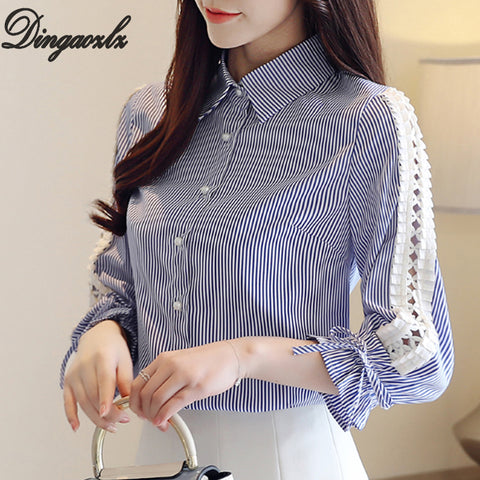 2022 Autumn New Striped shirt Patchwork Women blouse shirt Flare sleeve Bow tie Casual Hollow out lace Tops
