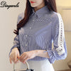2022 Autumn New Striped shirt Patchwork Women blouse shirt Flare sleeve Bow tie Casual Hollow out lace Tops