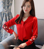 New embroidered shirts Bow tie Bodysuit Women long sleeve Chiffon blouse blusas mujer de Moda Office lady Tops