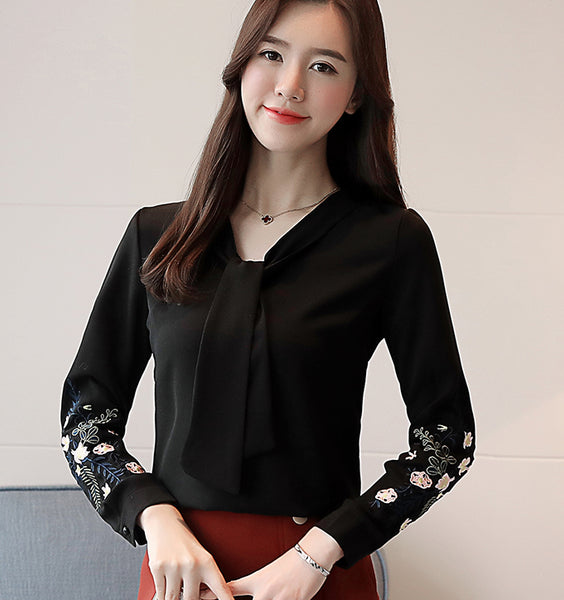 New embroidered shirts Bow tie Bodysuit Women long sleeve Chiffon blouse blusas mujer de Moda Office lady Tops