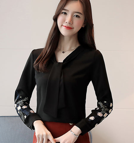 New embroidered shirts Bow tie Bodysuit Women long sleeve Chiffon blouse blusas mujer de Moda Office lady Tops
