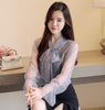 New fashion Women clothing Bow tie long sleeved Chiffon blouse shirt Casual Female Tops Sexy Two set Chiffon Tops