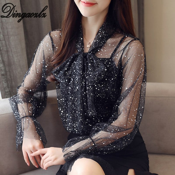 New fashion Women clothing Bow tie long sleeved Chiffon blouse shirt Casual Female Tops Sexy Two set Chiffon Tops