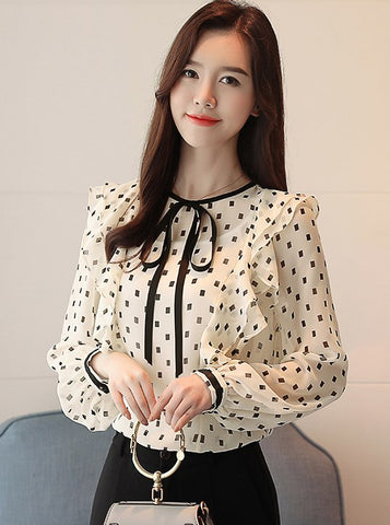 blusa feminina long sleeved Casual shirt New Women shirt Ruffles Chiffon Tops Bow tie Office lady blouse