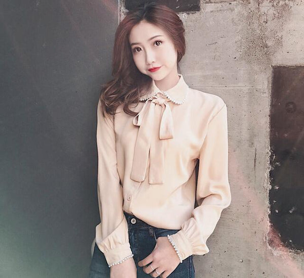 new korean chiffon shirt elegant female beading stitching chiffon blouse casual clothing bow stitching women tops