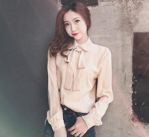 new korean chiffon shirt elegant female beading stitching chiffon blouse casual clothing bow stitching women tops
