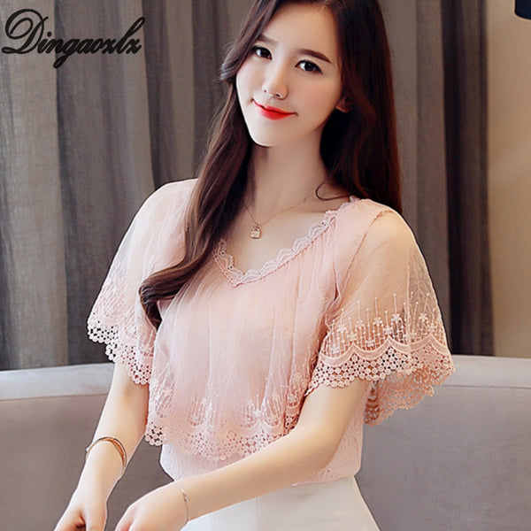 new korean lace tops elegant female fashion short sleeve casual clothing lace shirt women blouse