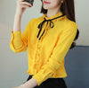 Autumn New Women White Office lady blouse Bow tie lotus leaf Collar Chiffon shirt Long sleeved Chiffon Tops