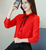 Autumn New Women White Office lady blouse Bow tie lotus leaf Collar Chiffon shirt Long sleeved Chiffon Tops