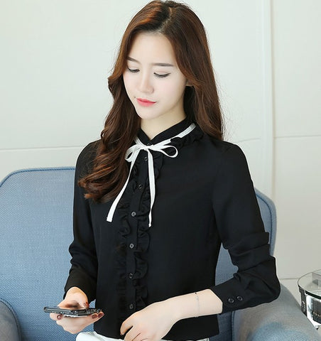 Autumn New Women White Office lady blouse Bow tie lotus leaf Collar Chiffon shirt Long sleeved Chiffon Tops